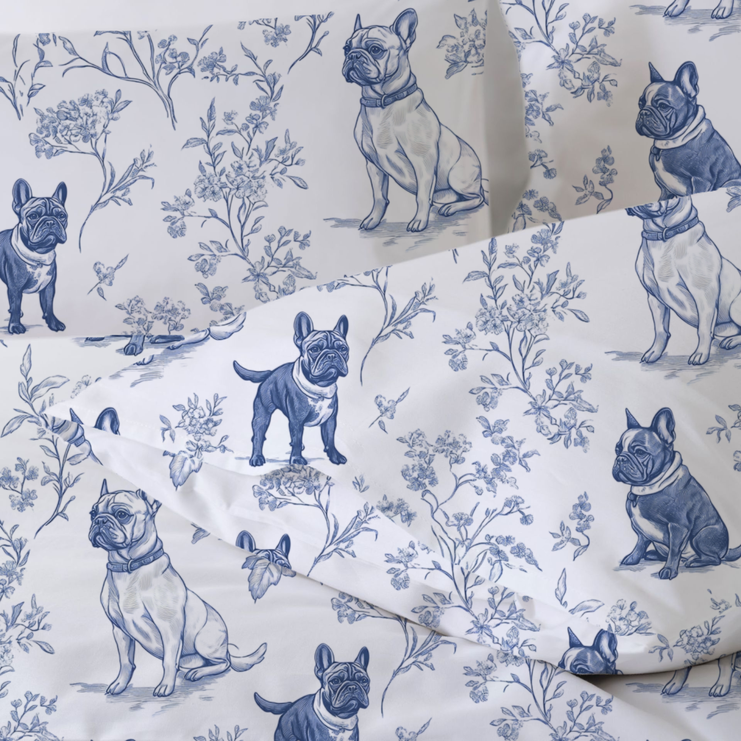 French Bulldogs Toile 100% Cotton Duvet Cover Set  King Twin Comforter Queen Bedding for Guest Room Toile de Jouy with Hidden Zipper Closure 3Pcs
