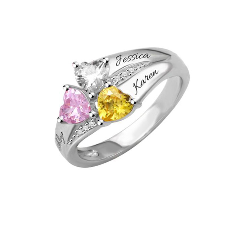 Personalized Heart Assortment 1-8 Birthstones Ring with Engraved Name and Text Mother's Day Birthday Gift for Woman