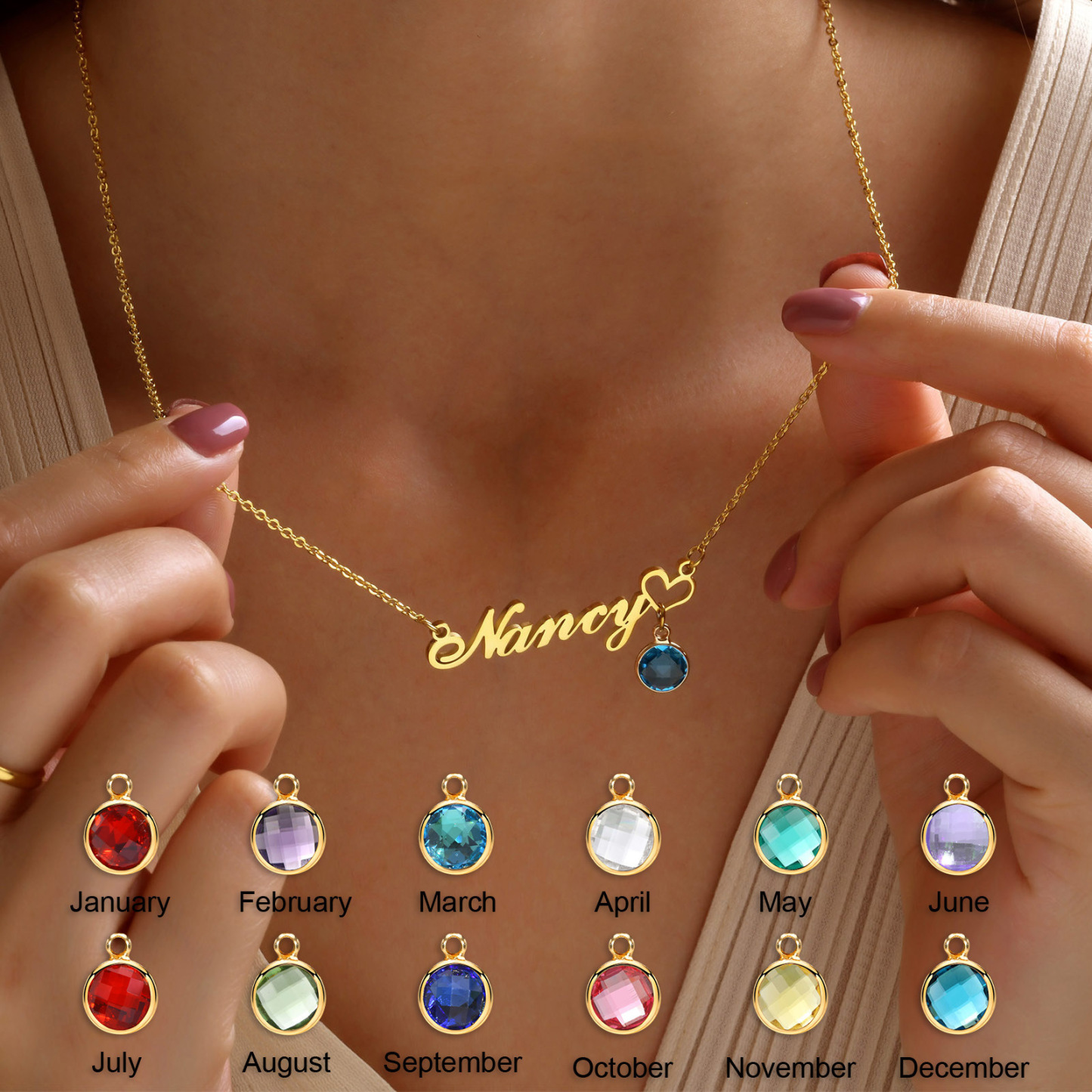 Personalized Minimalism Heart Birthstone Name Necklace Birthday Anniversary Gift for Women