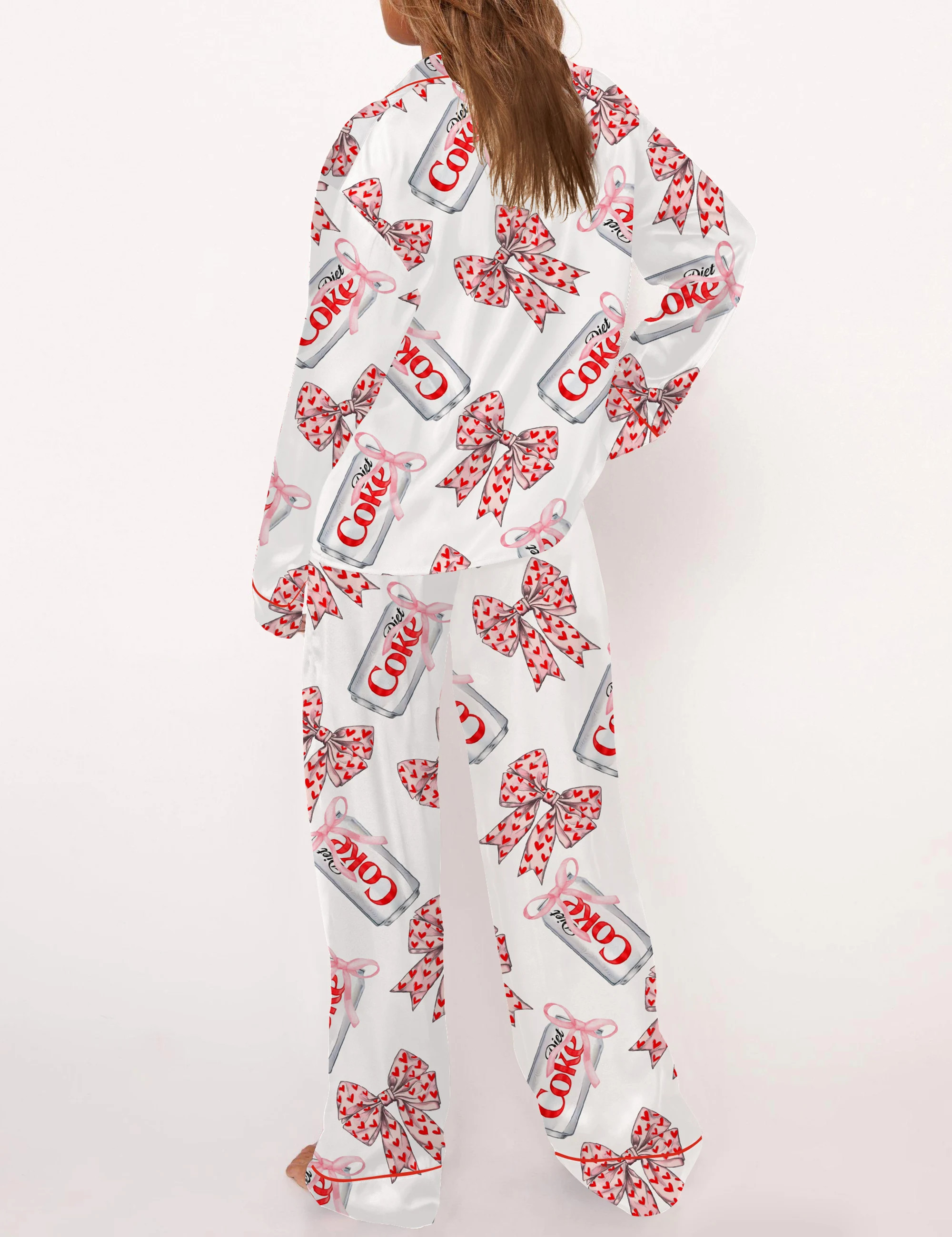 Diet Drinks Pink Bow Coquette Satin Pajama Set For Women
