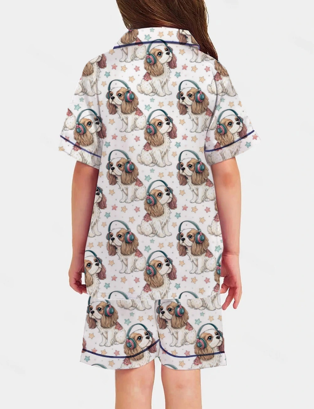 Cheerful Dog Wearing Headphones Kid's Short Sleeve  Silky Satin Pajama Set 