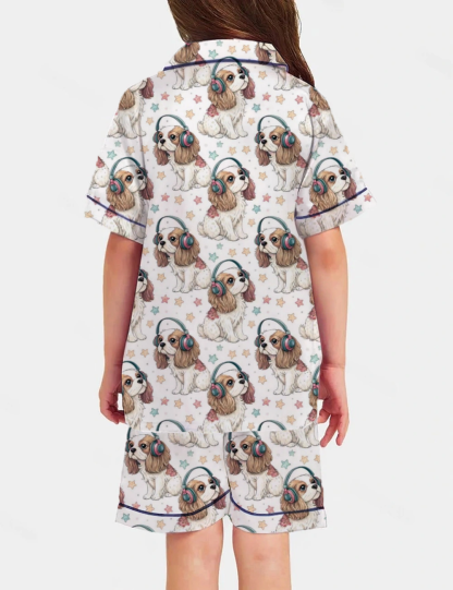 Cheerful Dog Wearing Headphones Kid's Short Sleeve  Silky Satin Pajama Set 