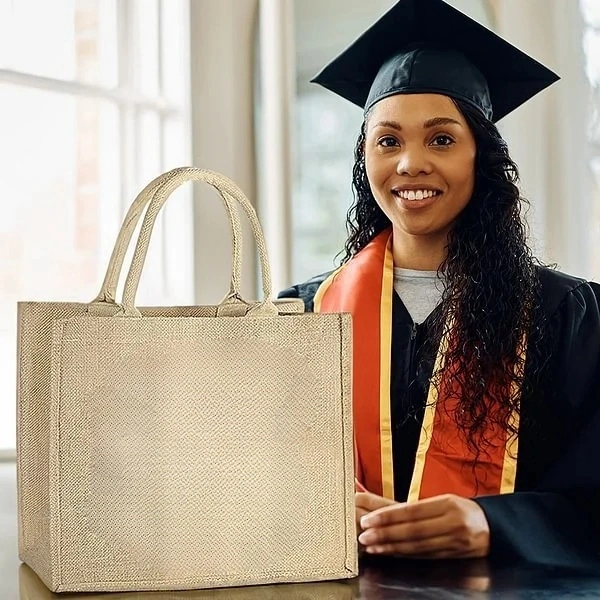 Personalized Cartoon Grad Hat Girl Initial Large Jute Tote Bag with Name Graduation Souvenir Birthday Gift for Women