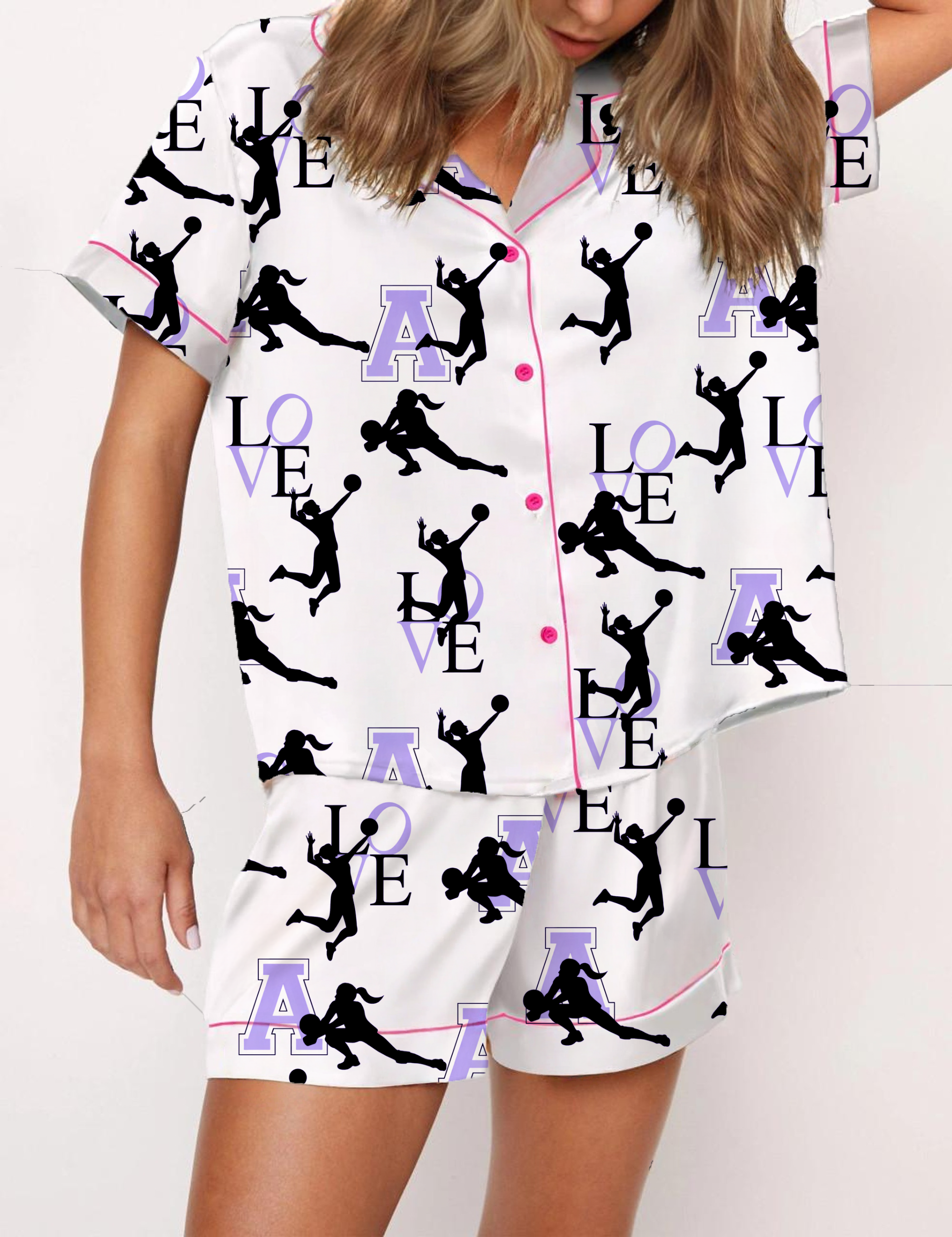 Love Volleyball Silky Satin Pajama Short Set For Women