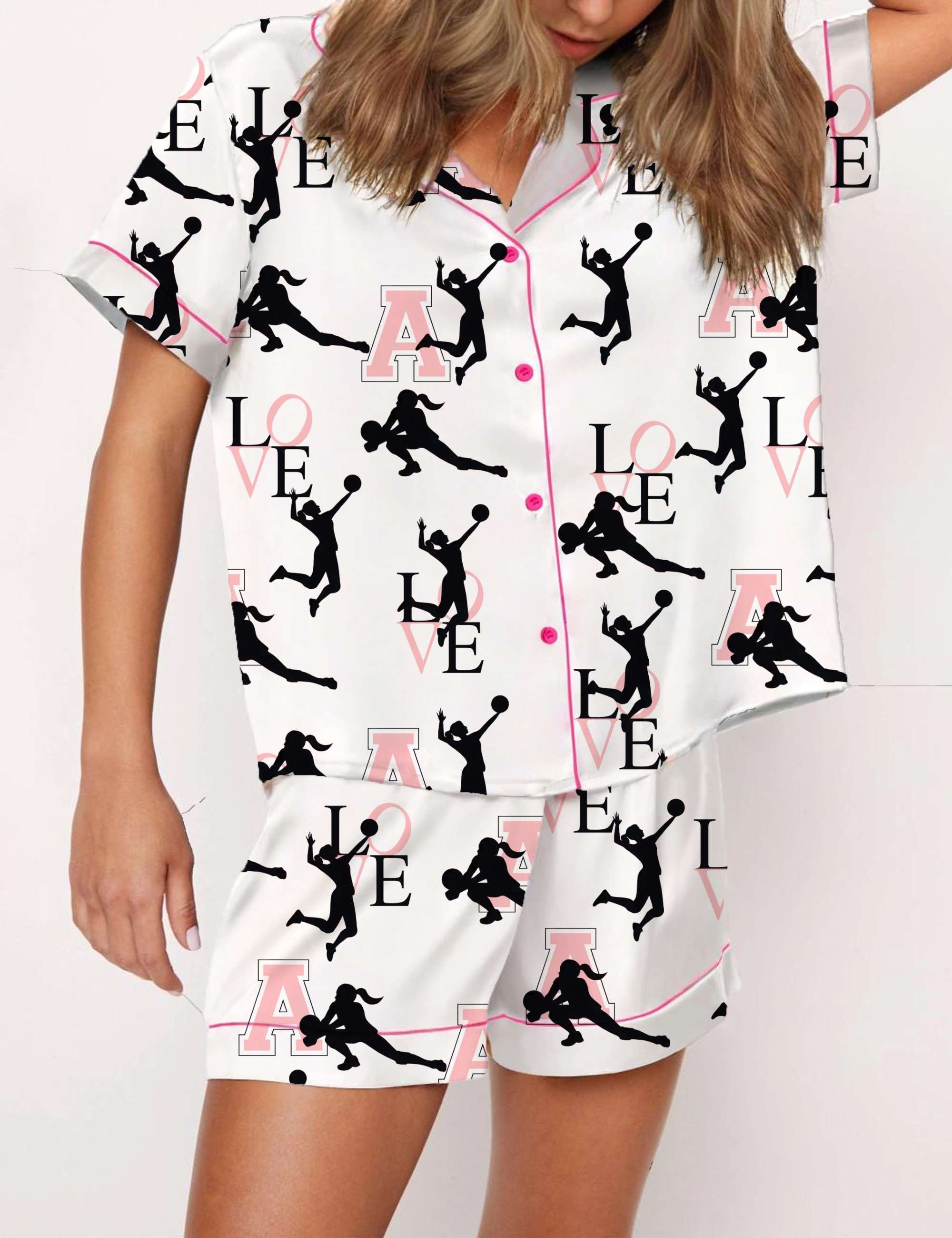 Love Volleyball Silky Satin Pajama Short Set For Women