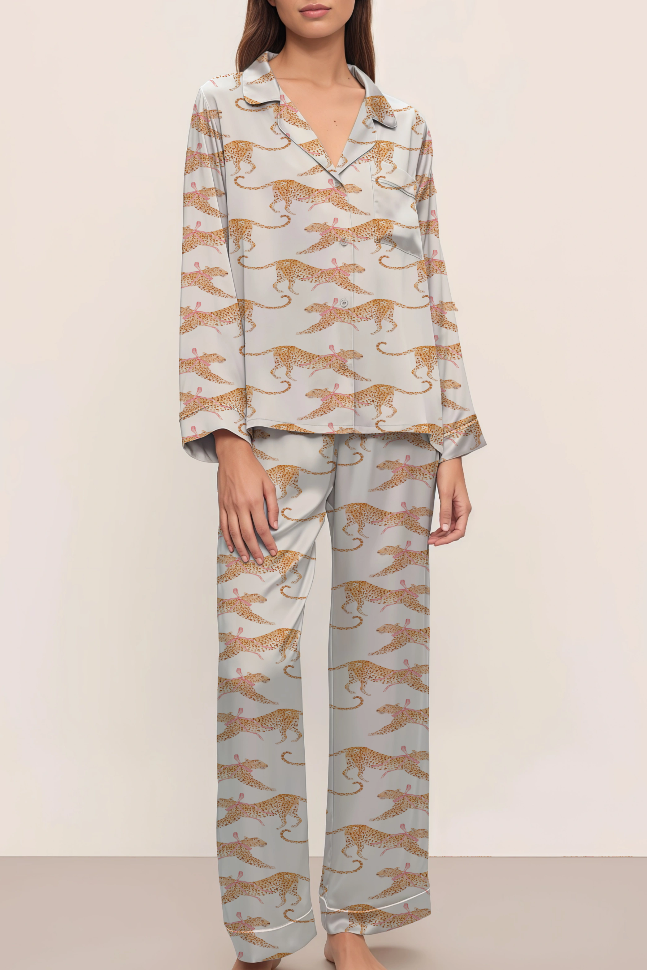Cheetah Silky Satin Pajama Long Set For Women