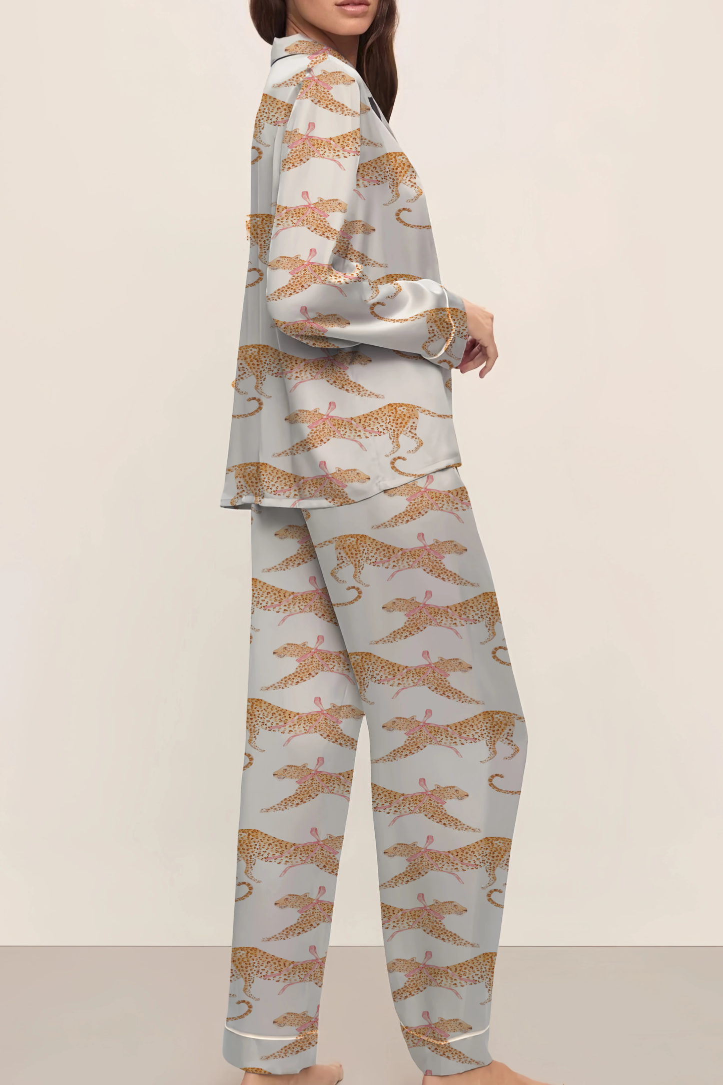 Cheetah Silky Satin Pajama Long Set For Women