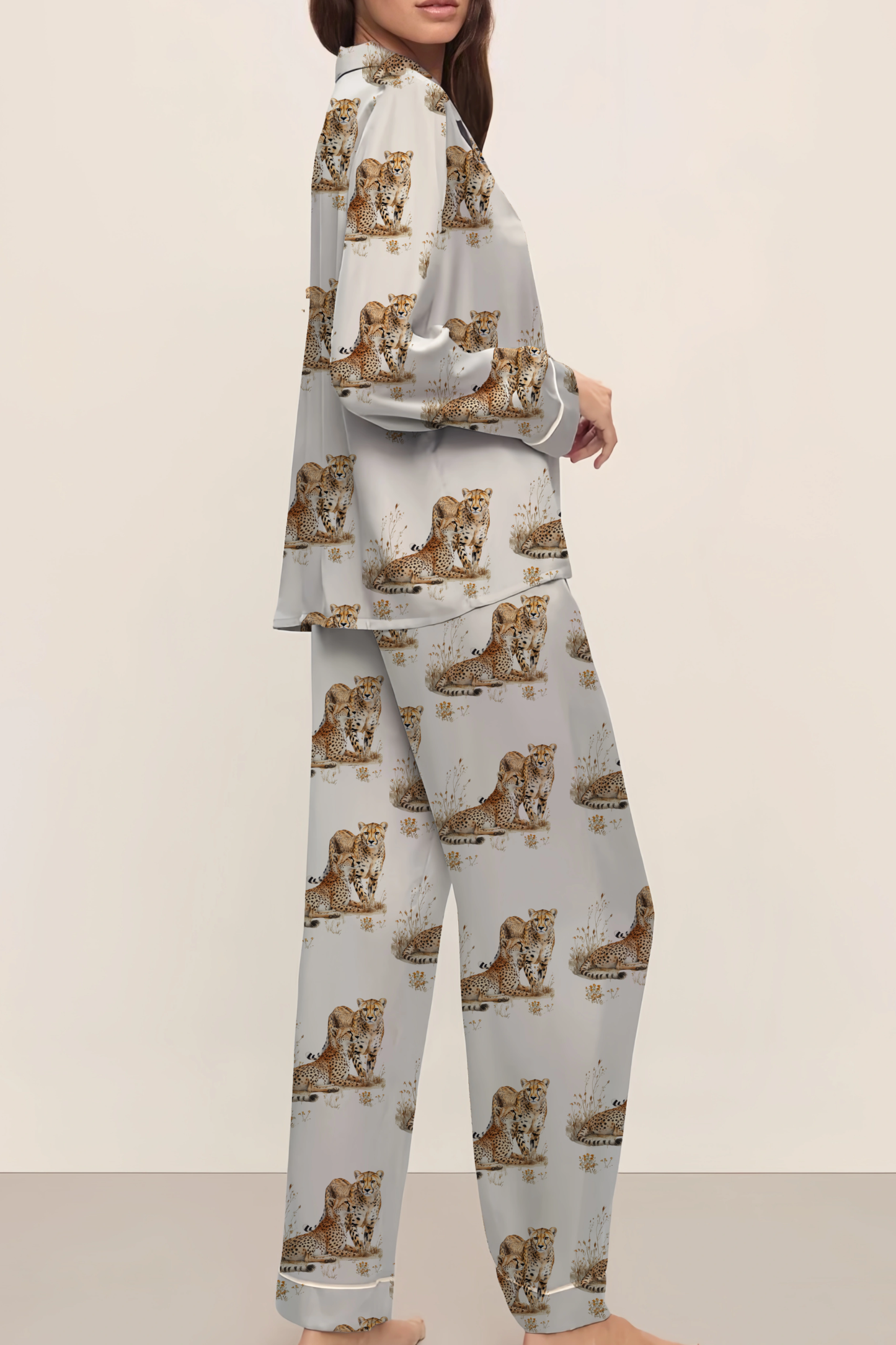 Cheetah Silky Satin Pajama Long Set For Women