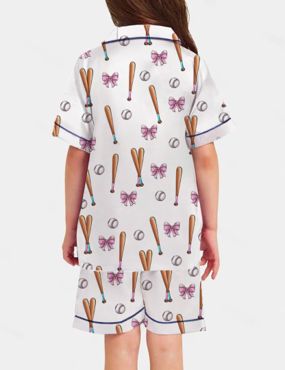 Coquette Baseball Kid's Short Sleeve  Silky Satin Pajama Set 