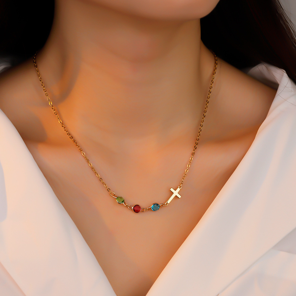 Personalized Multiple Birthstones Sideways Cross Necklace