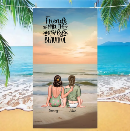 Personalized Oversized Quick Dry Microfiber Sunset Best Friend Caption "Friends make the world beautiful" Beach Towel  Best Friend Gift For Her