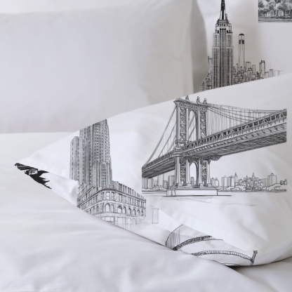 New York Toile 100% Cotton Duvet Cover Set  King Twin Comforter Queen Bedding for Guest Room with Hidden Zipper Closure 3Pcs
