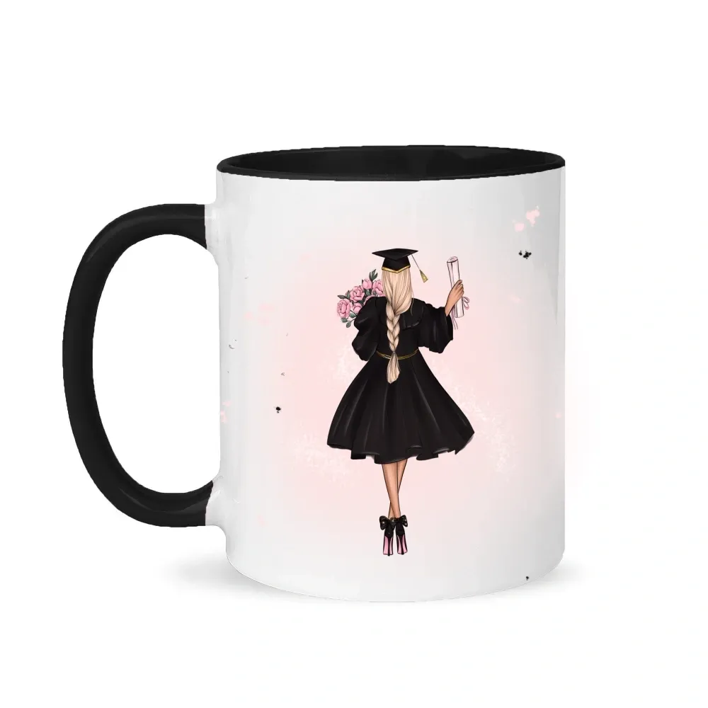Personalized Cartoon Back Image Girl Coffee Cup Ceramic Mug with Text “I‘m Done” Graduation Souvenir Birthday Gift for Women