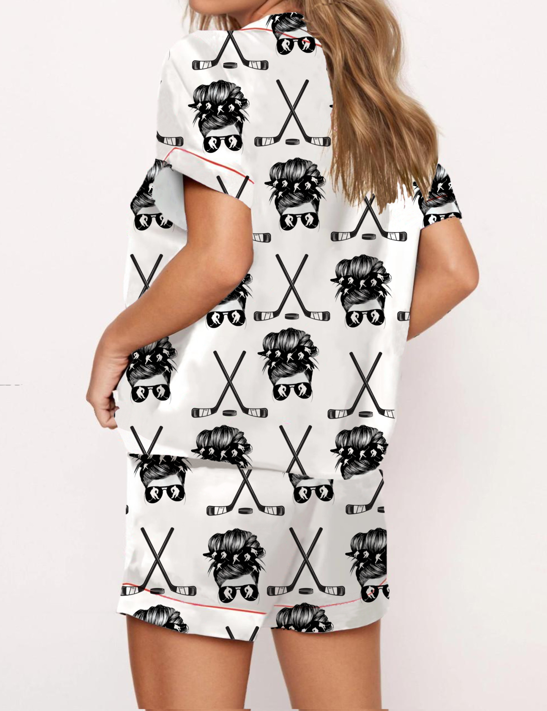 Girl Ice Hockey Silky Satin Pajama Short Set For Women