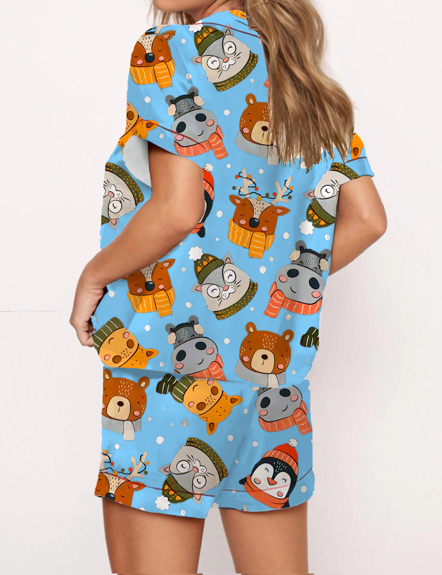 Christmas Cartoon Animals Silky Satin Pajama Short Set For Women
