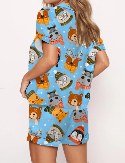 Christmas Cartoon Animals Silky Satin Pajama Short Set For Women