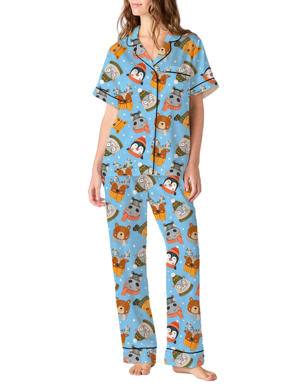 Christmas Cartoon Animals Satin Pajama Pants Set For Women