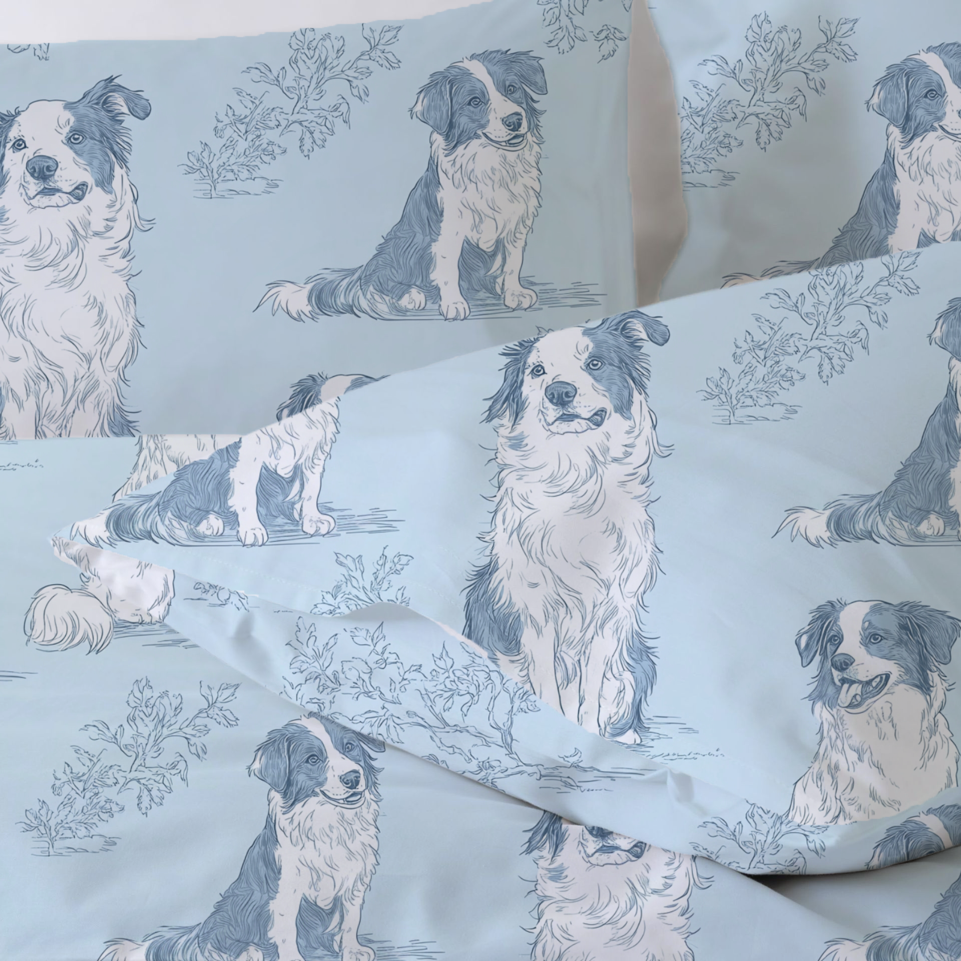 Border Collie Toile 100% Cotton Duvet Cover Set  King Twin Comforter Queen Bedding for Guest Room Toile de Jouy with Hidden Zipper Closure 3Pcs