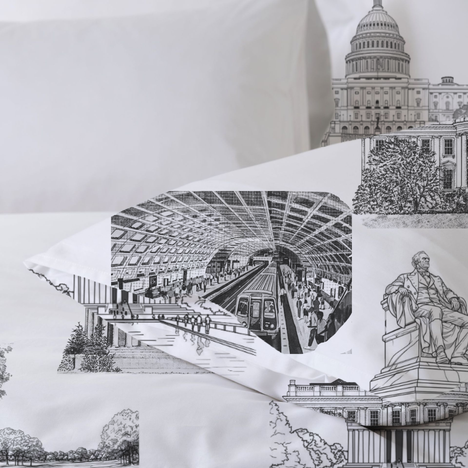 Washington DC Toile 100% Cotton Duvet Cover Set  King Twin Comforter Queen Bedding for Guest Room with Hidden Zipper Closure 3Pcs