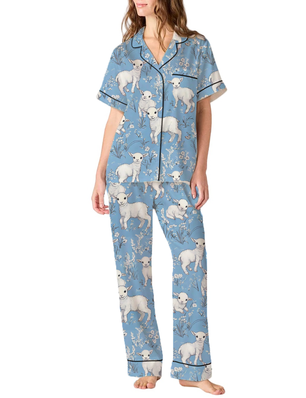 Cute Sheep Animal With Floral Pastoral Toile Satin Pajama Pants Set For Women