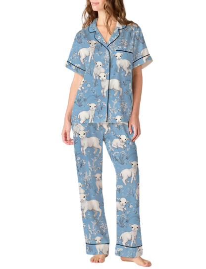 Cute Sheep Animal With Floral Pastoral Toile Satin Pajama Pants Set For Women