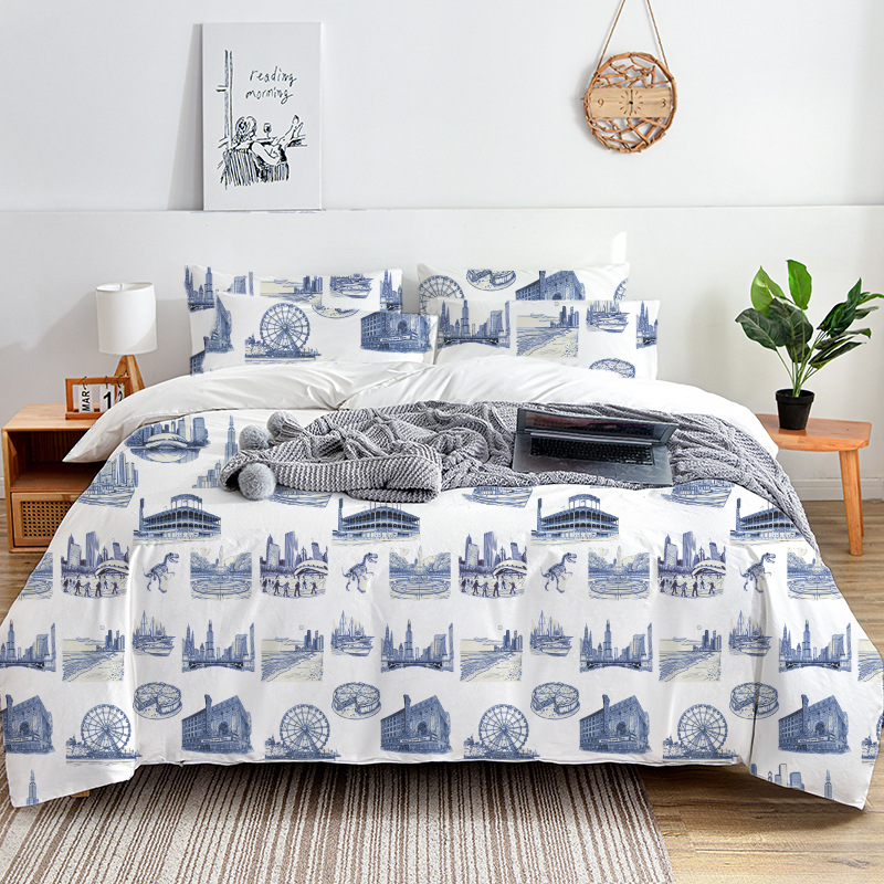 Chicago Toile 100% Cotton Duvet Cover Set  King Twin Comforter Queen Bedding for Guest Room Toile de Jouy with Hidden Zipper Closure 3Pcs