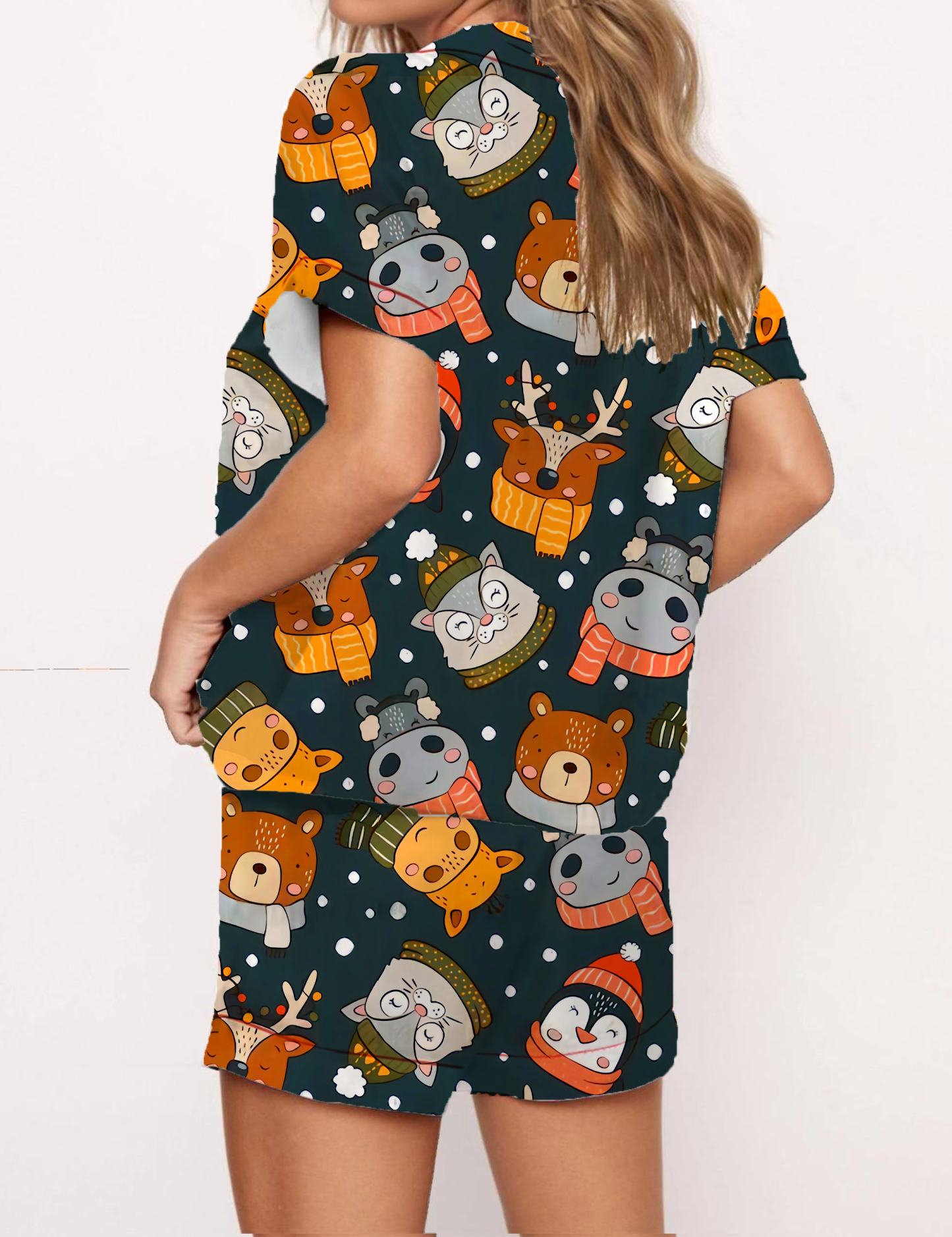 Christmas Cartoon Animals Silky Satin Pajama Short Set For Women