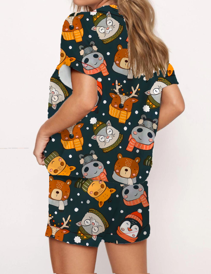 Christmas Cartoon Animals Silky Satin Pajama Short Set For Women