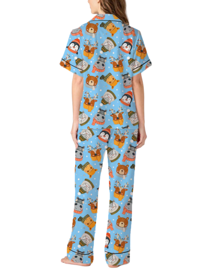 Christmas Cartoon Animals Satin Pajama Pants Set For Women