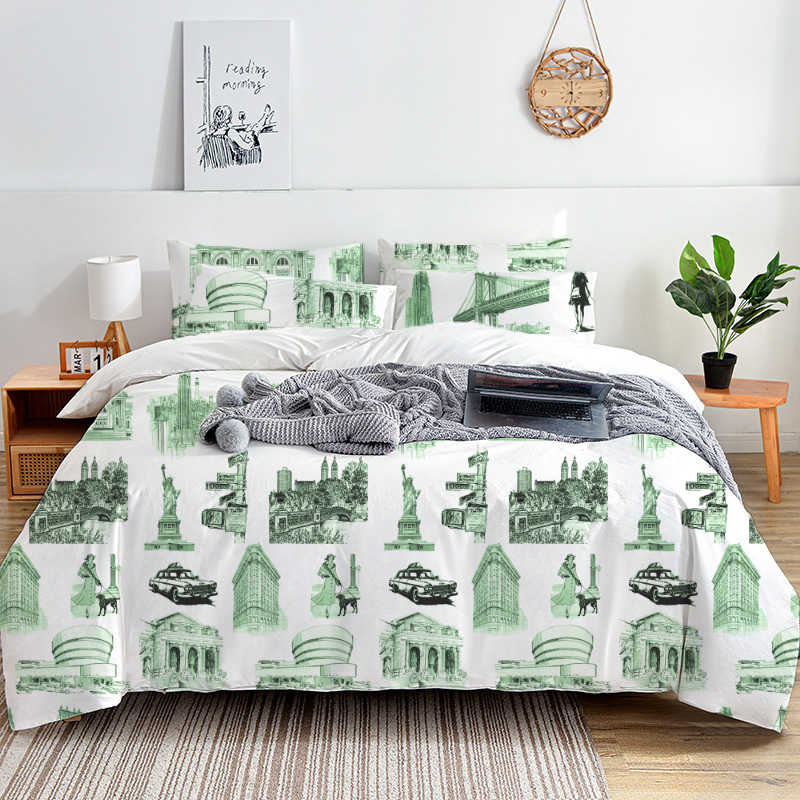 New York Toile 100% Cotton Duvet Cover Set  King Twin Comforter Queen Bedding for Guest Room with Hidden Zipper Closure 3Pcs