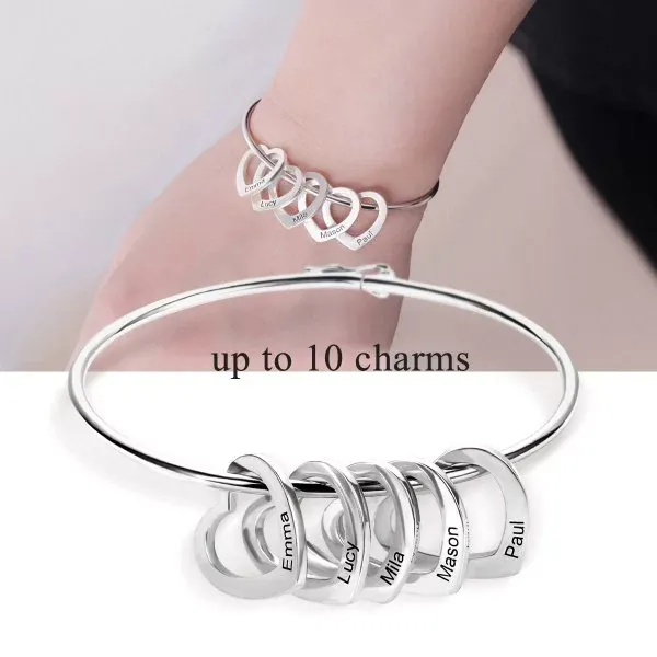 Women Bangle Bracelet With Heart Shape Name Pendants
