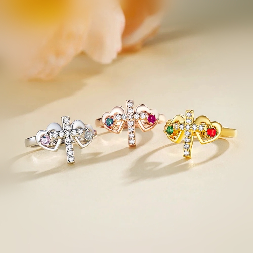 Personalized Double Heart Birthstone Cross Ring with Engraved Text Birthday Baptism Gift for Women
