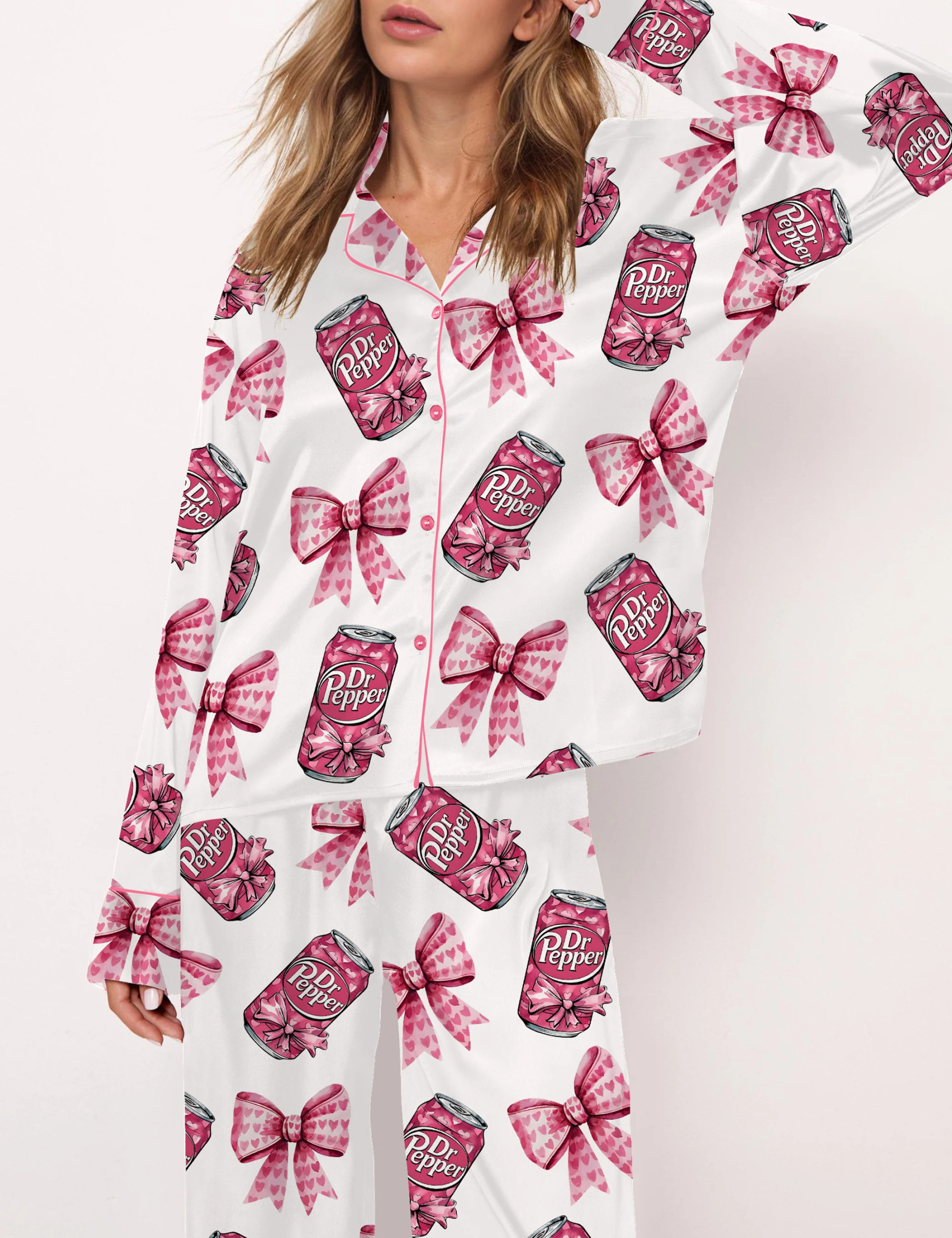 Pink Coquette Pepper Drink Satin Pajama Set For Women