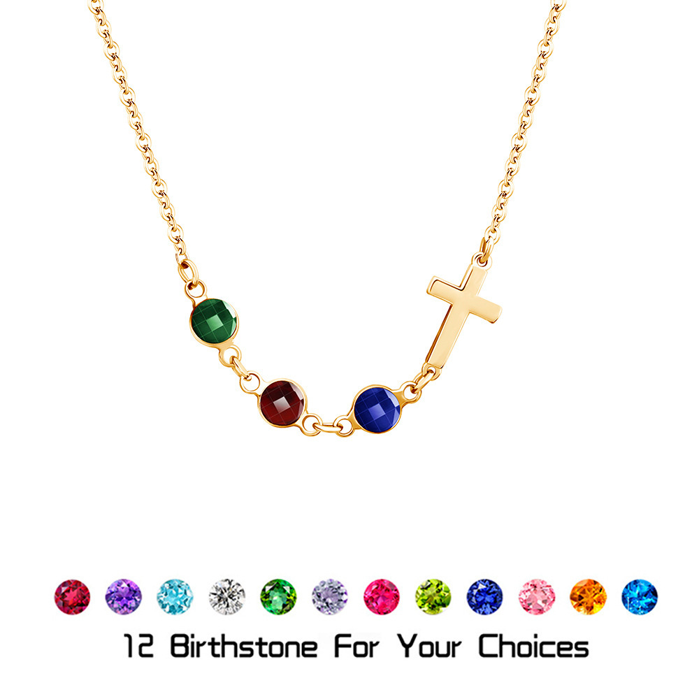 Personalized Multiple Birthstones Sideways Cross Necklace