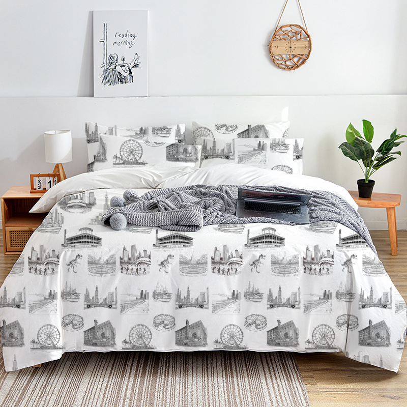 Chicago Toile 100% Cotton Duvet Cover Set  King Twin Comforter Queen Bedding for Guest Room Toile de Jouy with Hidden Zipper Closure 3Pcs
