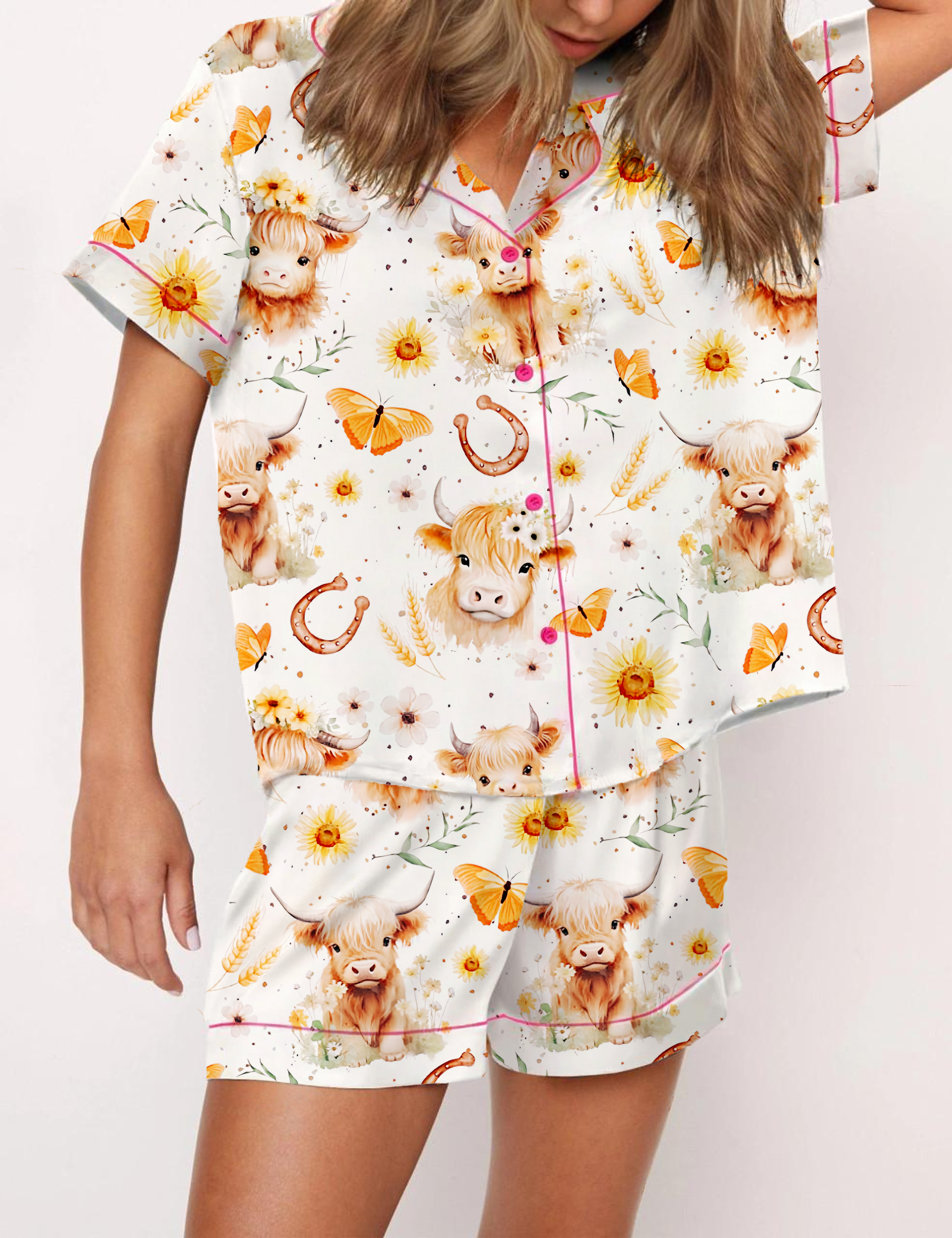 Higland Cow Silky Satin Pajama Short Set For Women