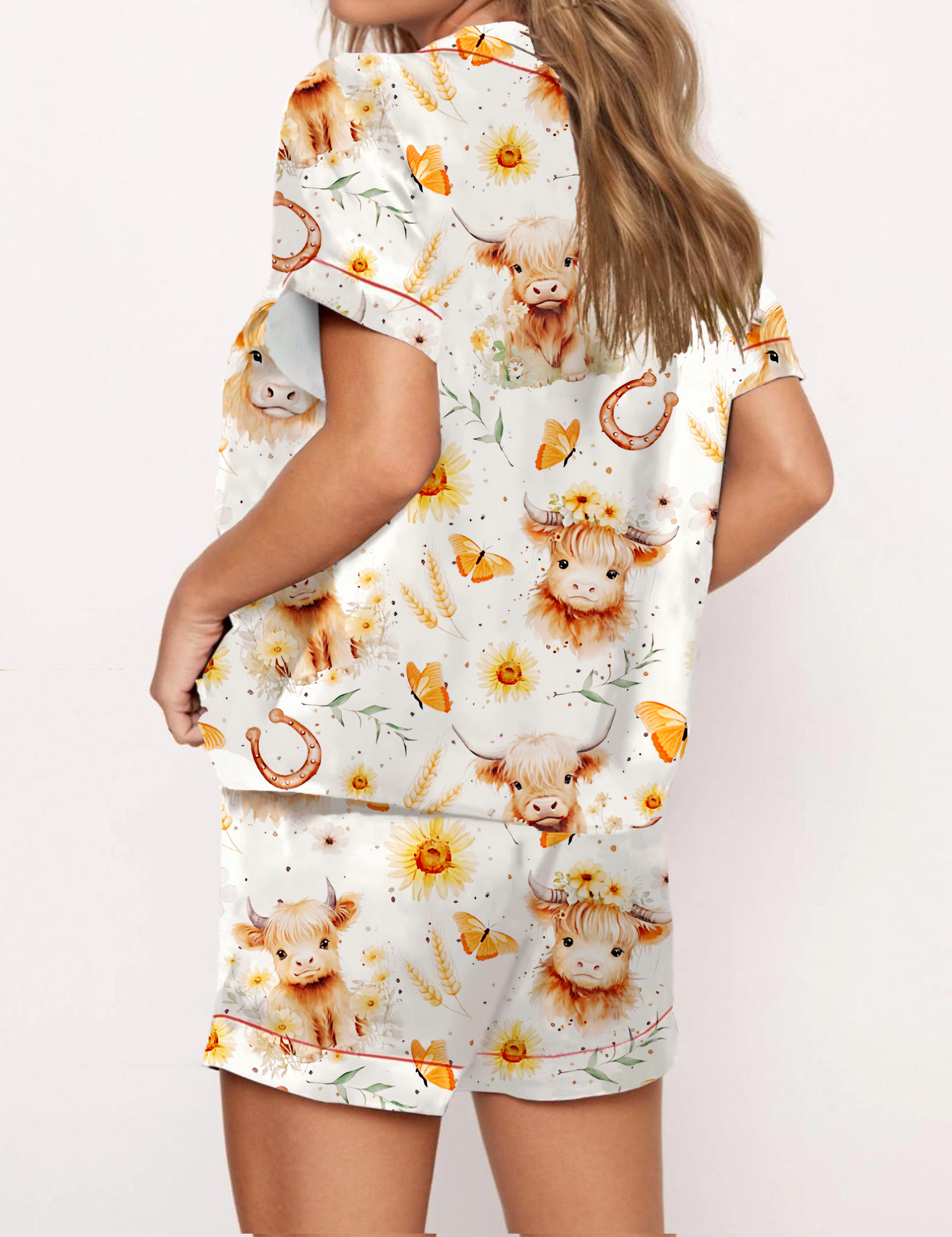 Higland Cow Silky Satin Pajama Short Set For Women