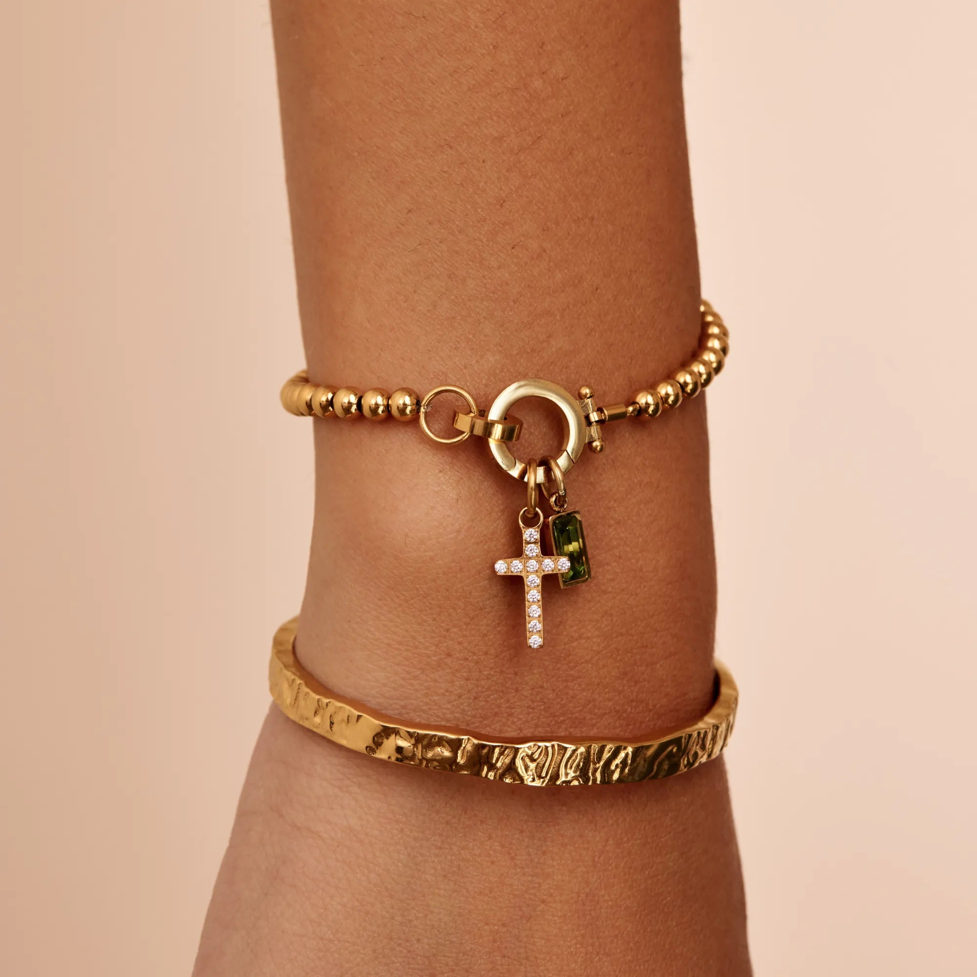 Beaded Birthstone Cross Charm Bracelet
