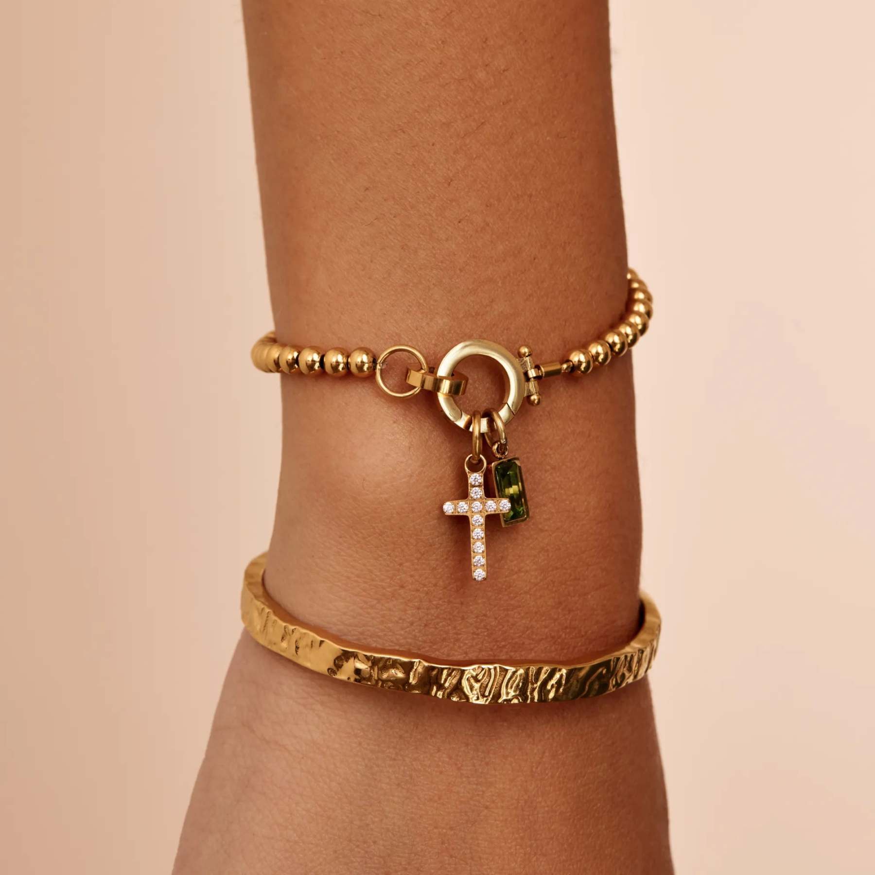 Beaded Birthstone Cross Charm Bracelet