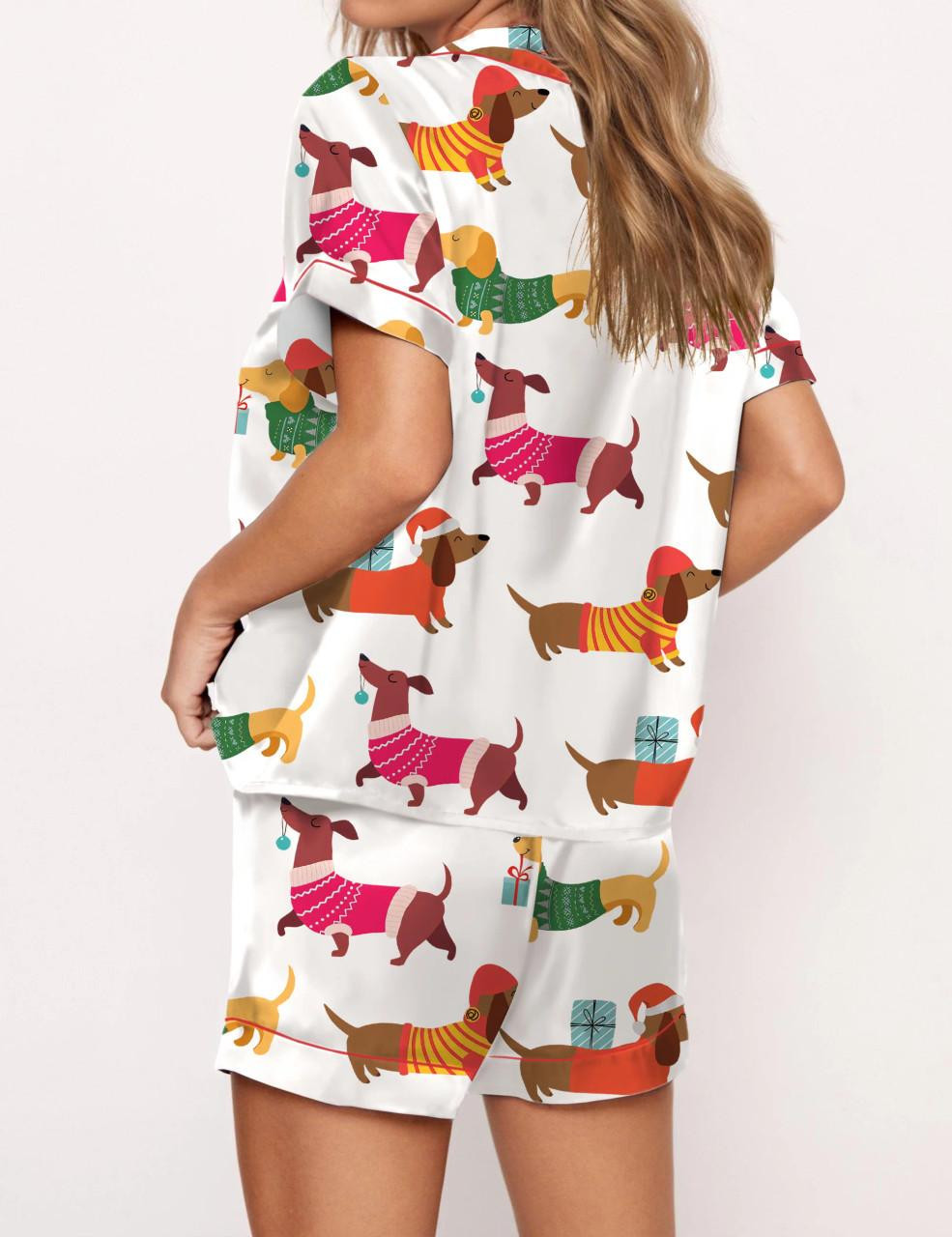 Christmas Festive Dachshund Satin Pajama Set For Women
