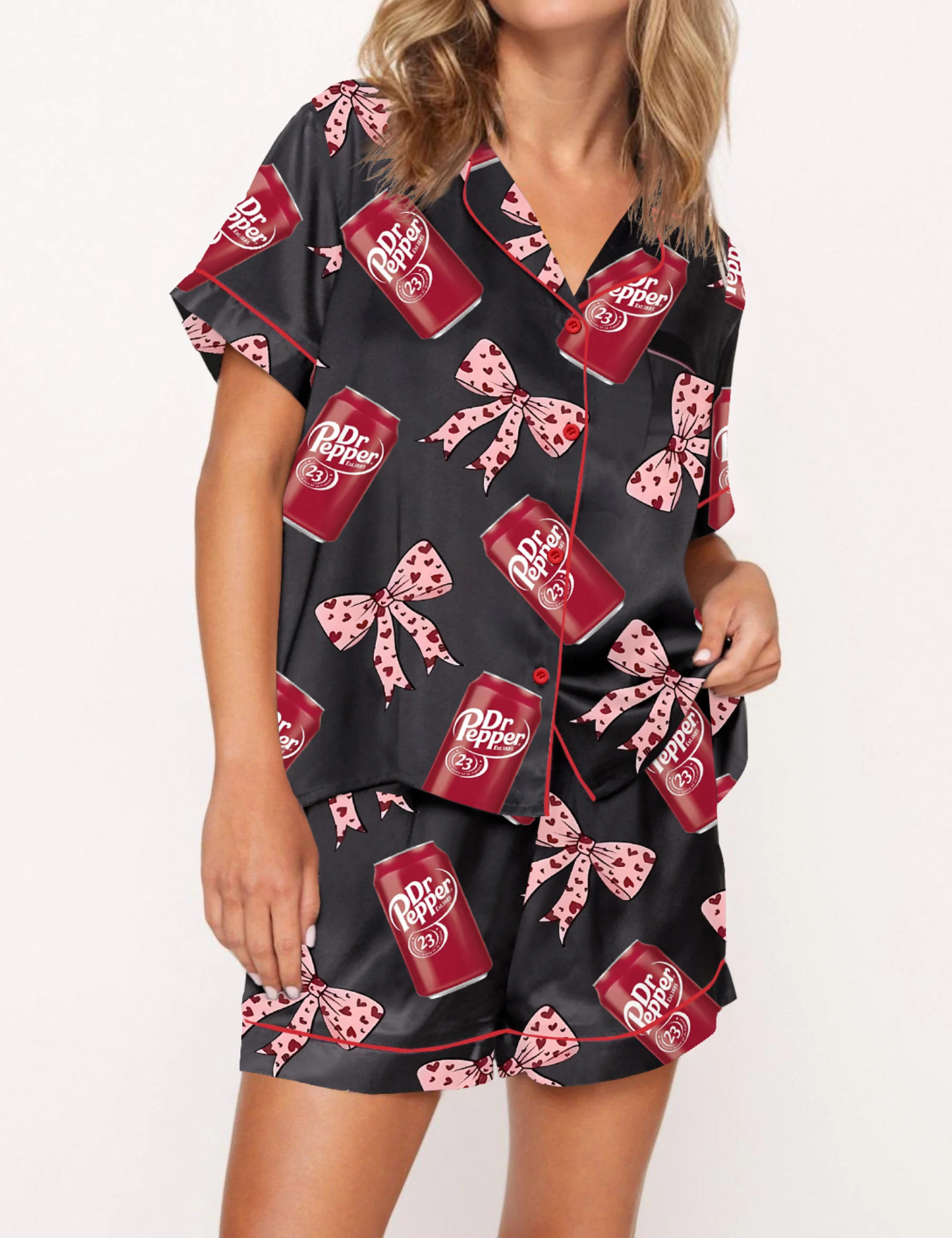 Pepper Drink Pink Coquette Bow Satin Pajama Set For Women