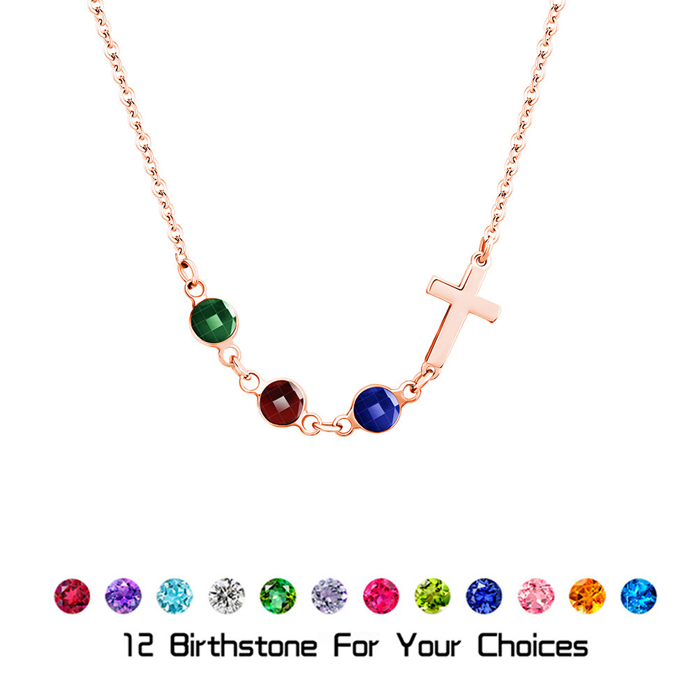 Personalized Multiple Birthstones Sideways Cross Necklace