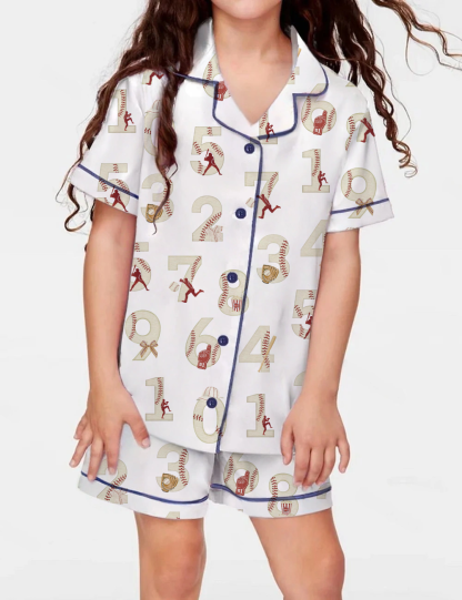 Numbers Baseball Kid's Short Sleeve  Silky Satin Pajama Set 