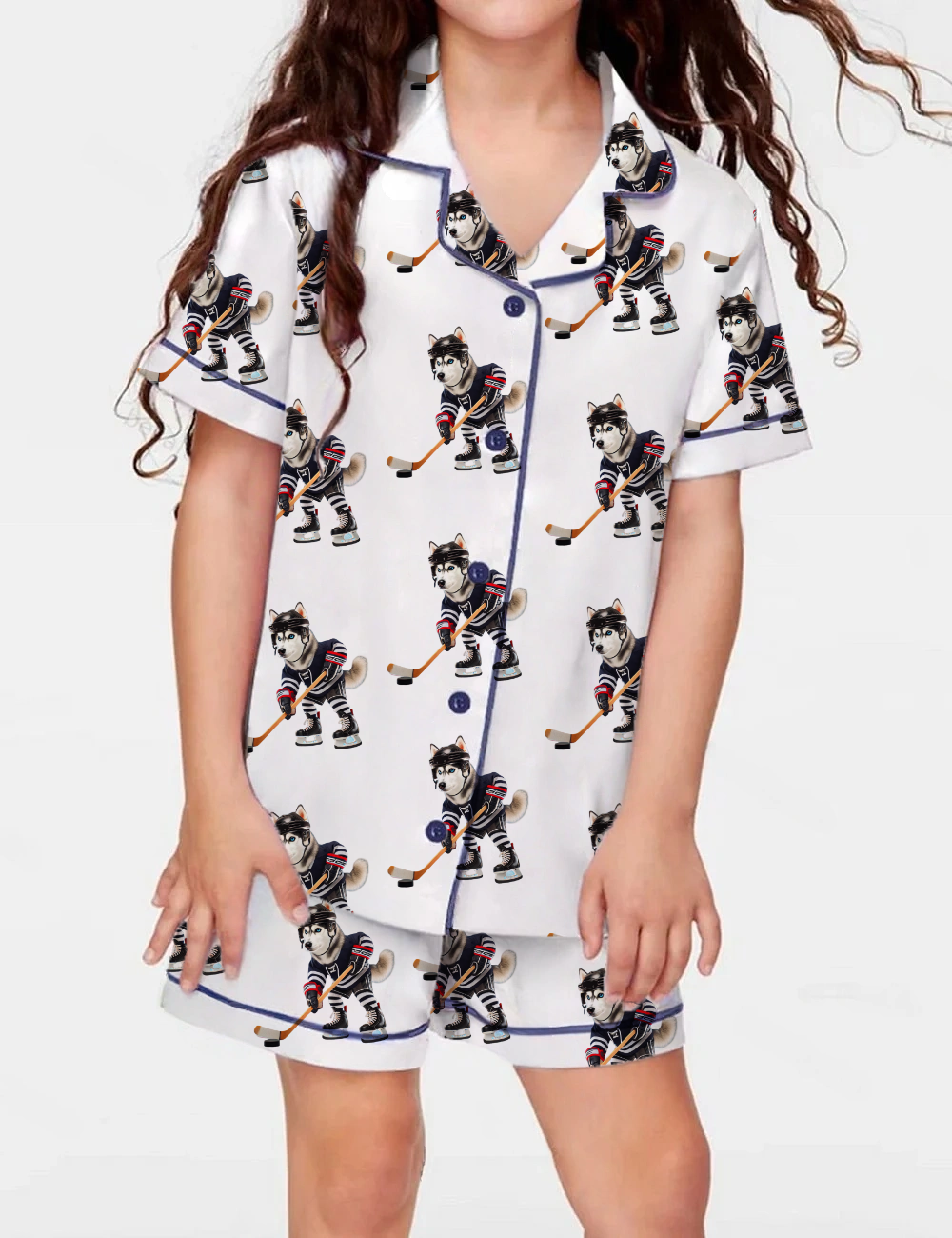 Siberian Husky Ice Hockey Kid's Short Sleeve  Silky Satin Pajama Set 