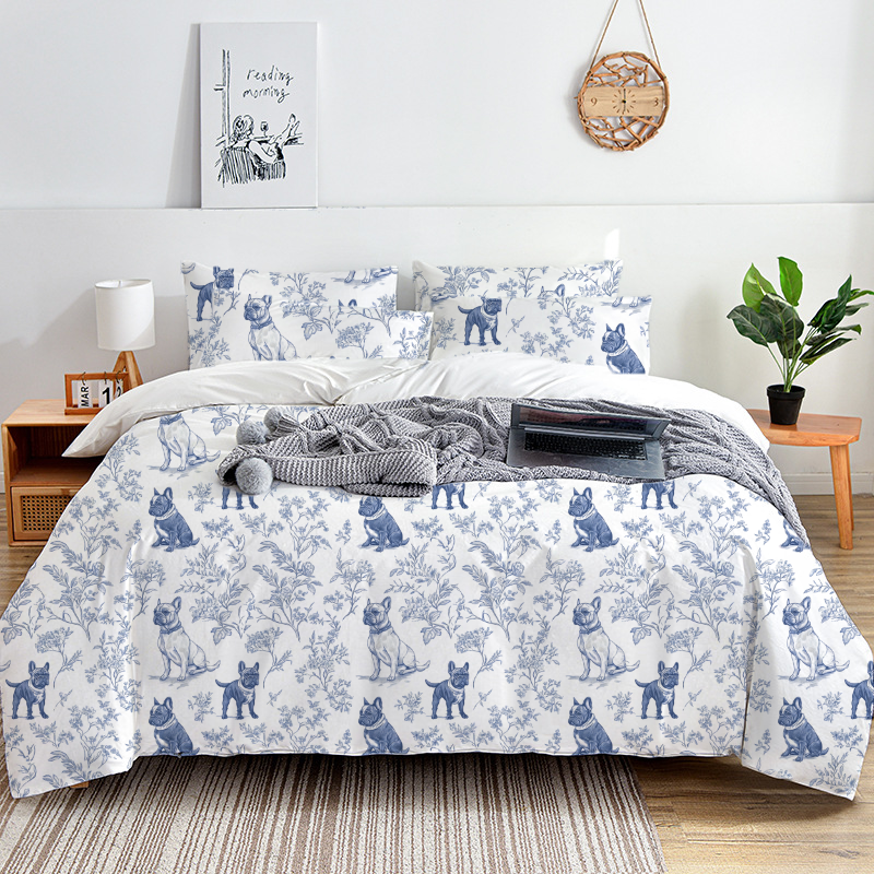 French Bulldogs Toile 100% Cotton Duvet Cover Set  King Twin Comforter Queen Bedding for Guest Room Toile de Jouy with Hidden Zipper Closure 3Pcs