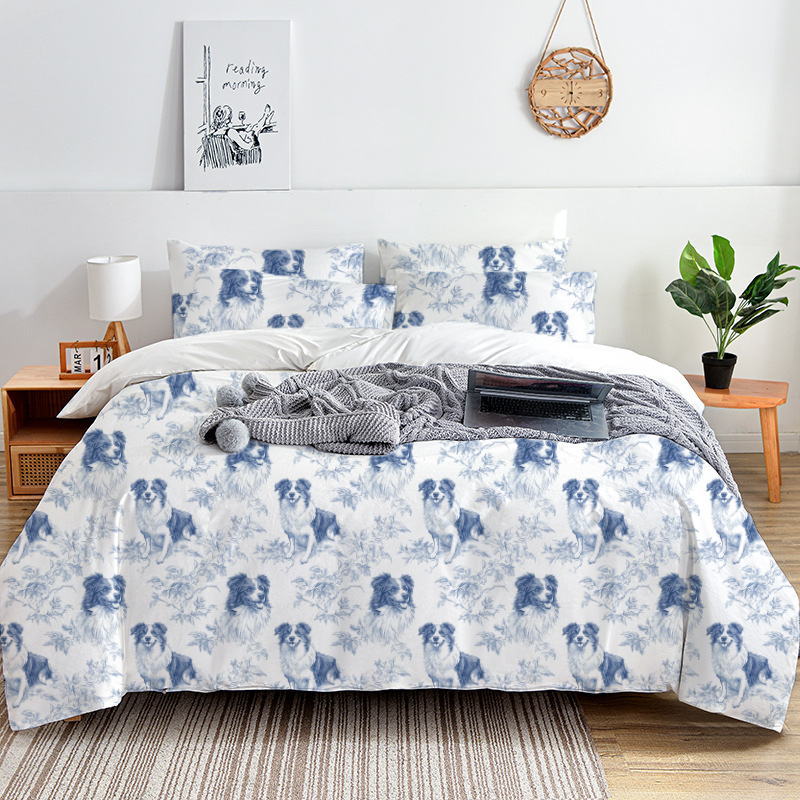 Border Collie Toile 100% Cotton Duvet Cover Set  King Twin Comforter Queen Bedding for Guest Room Toile de Jouy with Hidden Zipper Closure 3Pcs