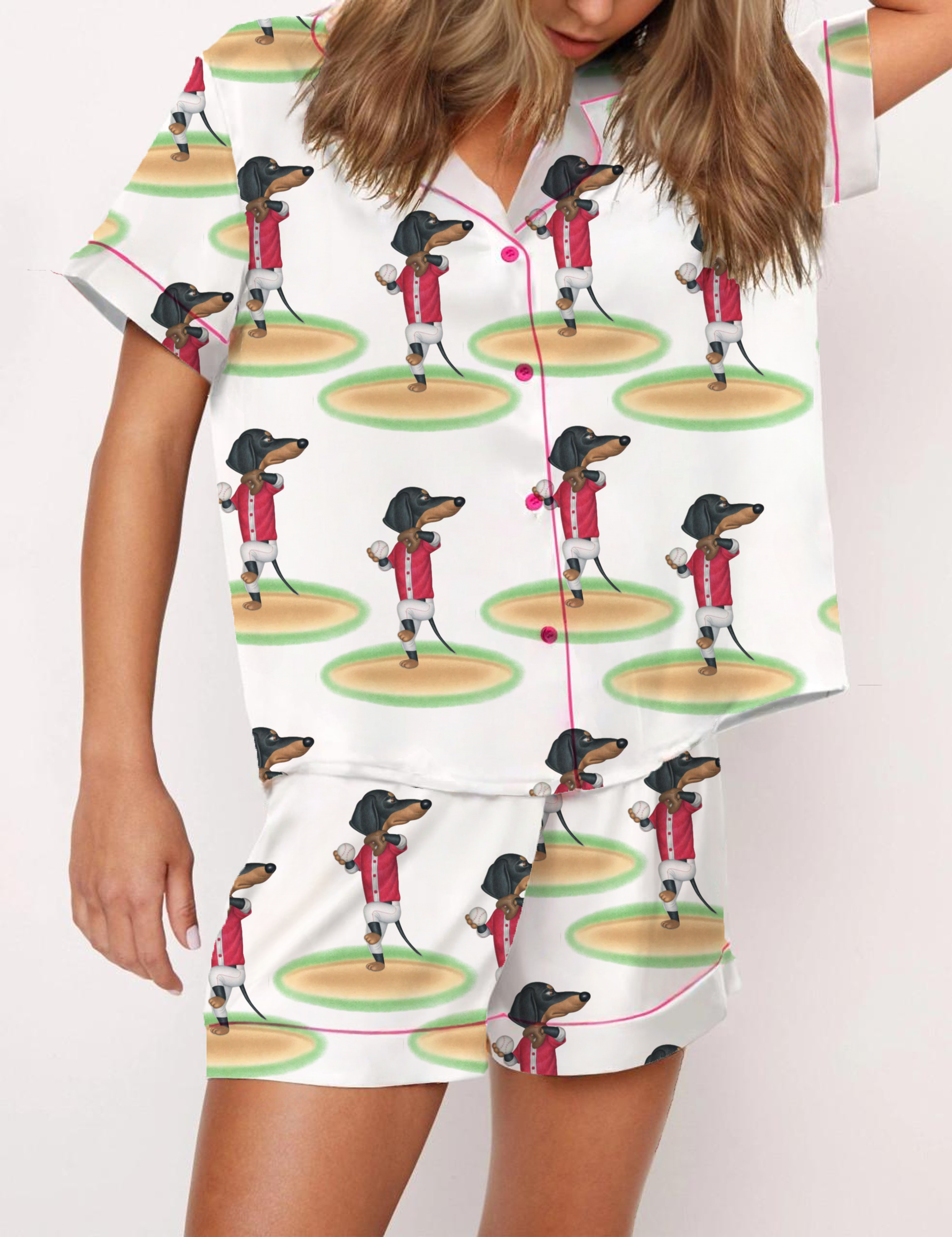 Dachshund Baseball Silky Satin Pajama Short Set For Women