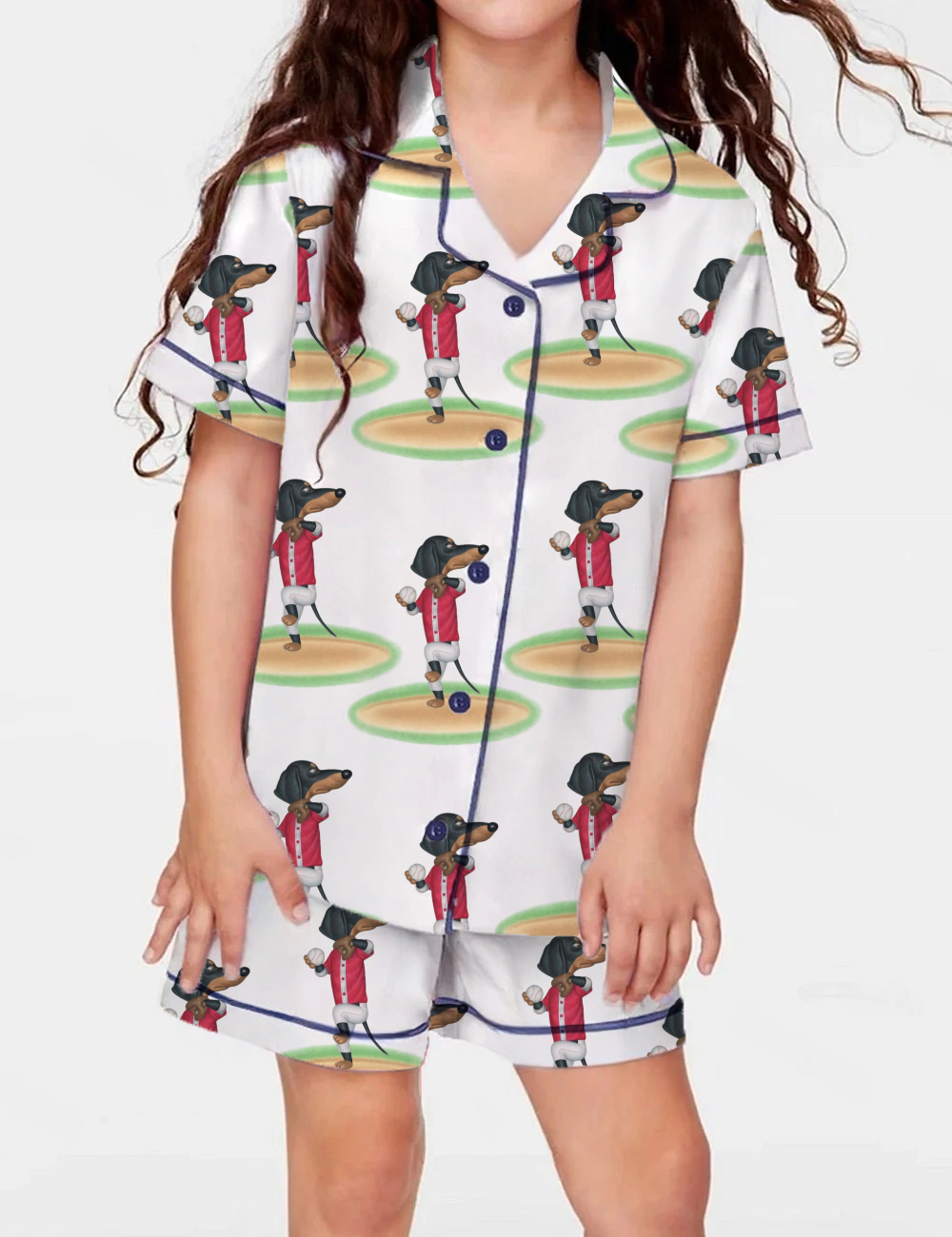 Dachshund Baseball Kid's Short Sleeve Silky Satin Pajama Set