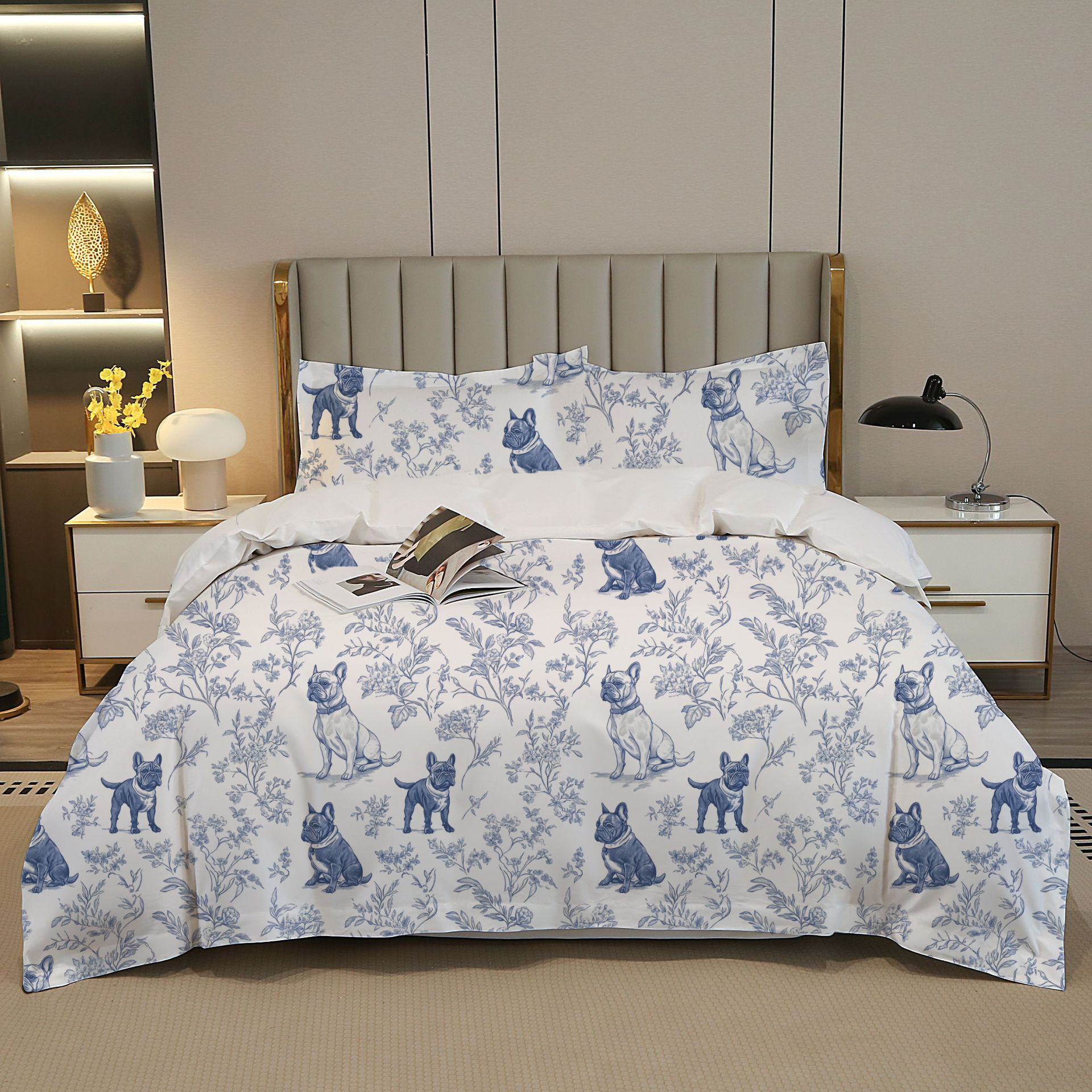 French Bulldogs Toile 100% Cotton Duvet Cover Set  King Twin Comforter Queen Bedding for Guest Room Toile de Jouy with Hidden Zipper Closure 3Pcs