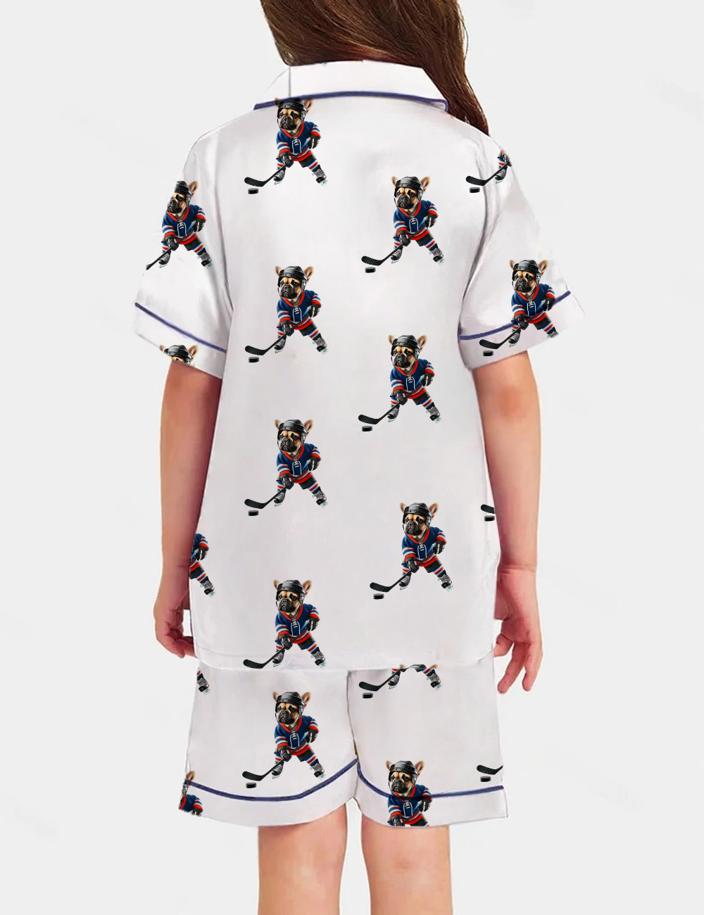 French Bulldog Ice Hockey Kid's Short Sleeve  Silky Satin Pajama Set 